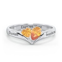 Toi et Moi Heart and Pear Gemstone Ring with V-Shape Band