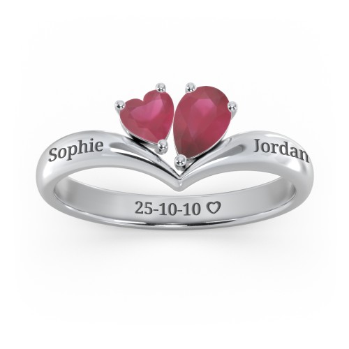 Toi et Moi Heart and Pear Gemstone Ring with V-Shape Band