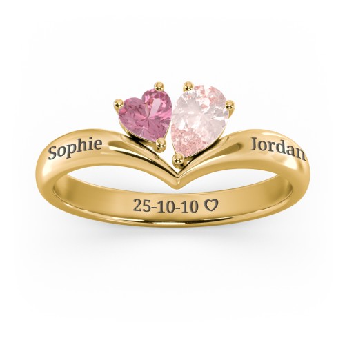 Toi et Moi Heart and Pear Gemstone Ring with V-Shape Band – 18K Gold Plated Silver with Pink Tourmaline and Morganite
