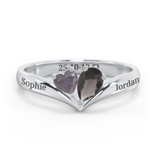 Toi et Moi Heart and Pear Gemstone Ring with V-Shape Band
