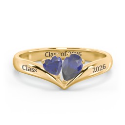 Toi et Moi Heart and Pear Gemstone Ring with V-Shape Band in 18K Gold Plated Silver with Blue Sapphire