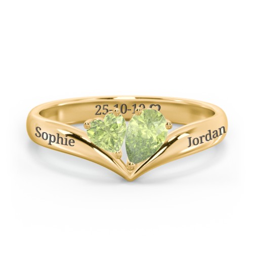 Toi et Moi Heart and Pear Gemstone Ring with V-Shape Band – 18K Gold Plated Silver with Peridot
