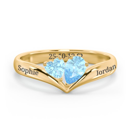 Toi et Moi Heart and Pear Gemstone Ring with V-Shape Band – 18K Gold Plated Silver with Blue Topaz