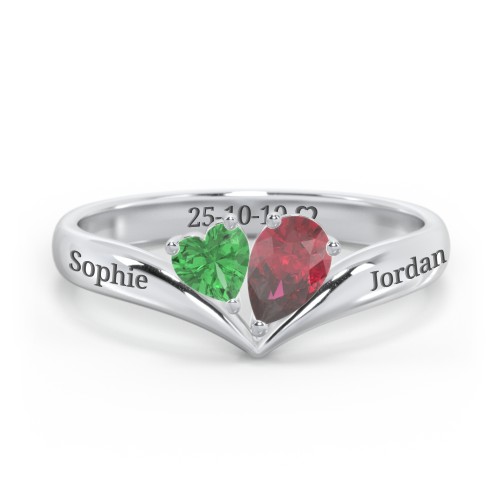 Toi et Moi Heart and Pear Gemstone Ring with V-Shape Band – Sterling Silver with Emerald and Ruby