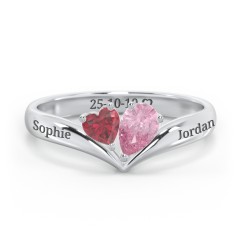 Toi et Moi Heart and Pear Gemstone Ring with V-Shape Band – 10K White Gold with Ruby and Pink Tourmaline