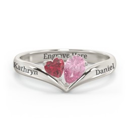 Toi et Moi Heart and Pear Gemstone Ring with V-Shape Band in 10K Solid White Gold with Ruby and Pink Tourmaline