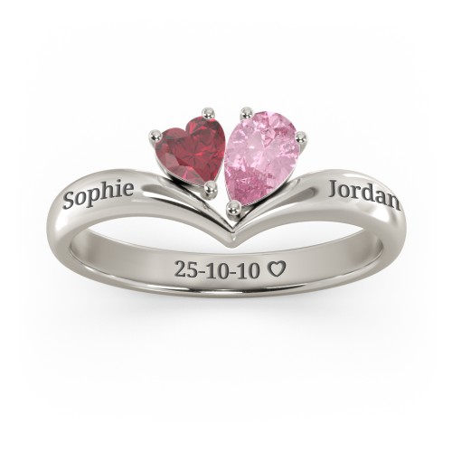 Toi et Moi Heart and Pear Gemstone Ring with V-Shape Band – 10K White Gold with Ruby and Pink Tourmaline