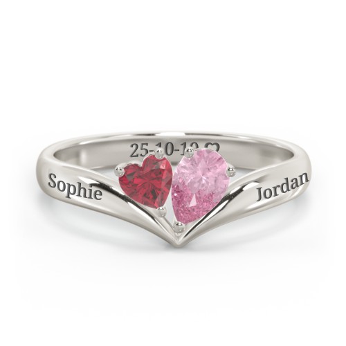 Toi et Moi Heart and Pear Gemstone Ring with V-Shape Band – 10K White Gold with Ruby and Pink Tourmaline