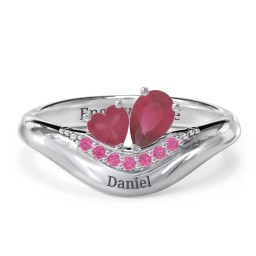 Toi et Moi Heart and Pear Gemstone Ring with Curved Band and Accent Stones
