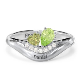 Toi et Moi Heart and Pear Gemstone Ring with Curved Band and Accent Stones