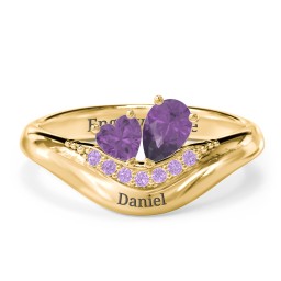 Toi et Moi Heart and Pear Gemstone Ring with Curved Band and Accent Stones in 18K Gold Plated Silver with Amethyst and Amethyst Premium Zirconia