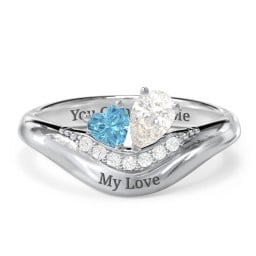 Toi et Moi Heart and Pear Gemstone Ring with Curved Band and Accent Stones