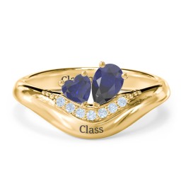 Toi et Moi Heart and Pear Gemstone Ring with Curved Band and Accent Stones in 18K Gold Plated Silver with Blue Sapphire and Fancy Blue Premium Zirconia