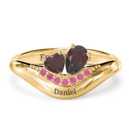 Toi et Moi Heart and Pear Gemstone Ring with Curved Band and Accent Stones in 18K Gold Plated Silver with Garnet and Red Premium Zirconia