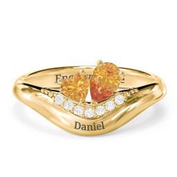 Toi et Moi Heart and Pear Gemstone Ring with Curved Band and Accent Stones in 18K Gold Plated Silver with Citrine and White Premium Zirconia