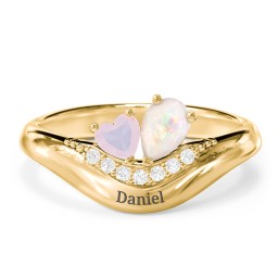 Toi et Moi Heart and Pear Gemstone Ring with Curved Band and Accent Stones in 18K Gold Plated Silver with Opal and White Premium Zirconia