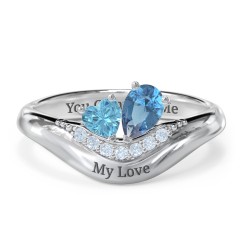 Toi et Moi Heart and Pear Gemstone Ring with Curved Band and Accent Stones – 10K White Gold with Blue Topaz and Fancy Blue Premium Zirconia