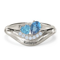 Toi et Moi Heart and Pear Gemstone Ring with Curved Band and Accent Stones in 10K Solid White Gold with Blue Topaz and Fancy Blue Premium Zirconia