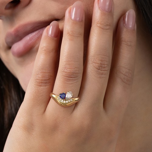 Toi et Moi Heart and Pear Gemstone Ring with Curved Band and Accent Stones – 10K White Gold with Blue Topaz and Fancy Blue Premium Zirconia