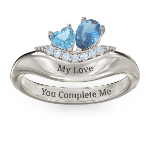 Toi et Moi Heart and Pear Gemstone Ring with Curved Band and Accent Stones – 10K White Gold with Blue Topaz and Fancy Blue Premium Zirconia