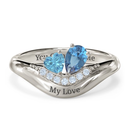 Toi et Moi Heart and Pear Gemstone Ring with Curved Band and Accent Stones – 10K White Gold with Blue Topaz and Fancy Blue Premium Zirconia