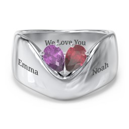Toi et Moi Pear Gemstone Ring with Wide Curved Band in 925 Sterling Silver with Amethyst and Ruby