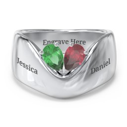 Toi et Moi Pear Gemstone Ring with Wide Curved Band in 925 Sterling Silver with Emerald and Ruby