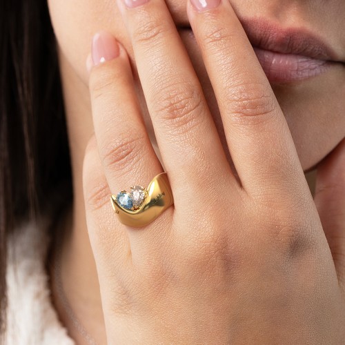 Toi et Moi Pear Gemstone Ring with Wide Curved Band – Sterling Silver with Blue Sapphire