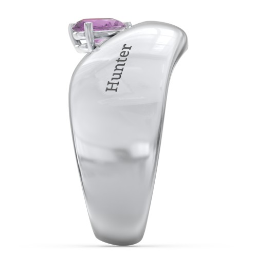Toi et Moi Pear Gemstone Ring with Wide Curved Band – Sterling Silver with Amethyst and Ruby