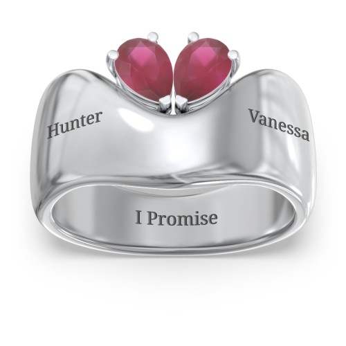 Toi et Moi Pear Gemstone Ring with Wide Curved Band – Sterling Silver with Ruby