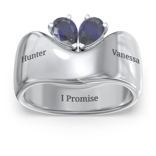 Toi et Moi Pear Gemstone Ring with Wide Curved Band – Sterling Silver with Blue Sapphire
