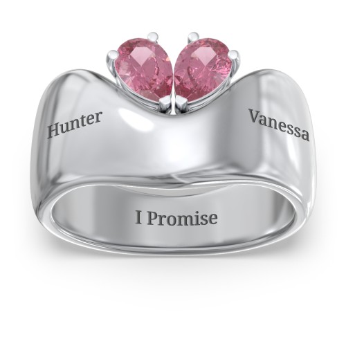 Toi et Moi Pear Gemstone Ring with Wide Curved Band – Sterling Silver with Pink Tourmaline