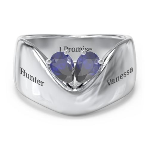 Toi et Moi Pear Gemstone Ring with Wide Curved Band – Sterling Silver with Blue Sapphire