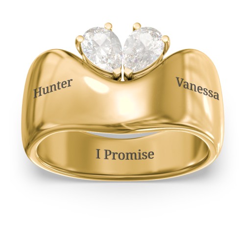 Toi et Moi Pear Gemstone Ring with Wide Curved Band – 10K Yellow Gold with Cubic Zirconia
