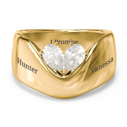 Toi et Moi Pear Gemstone Ring with Wide Curved Band – 10K Yellow Gold with Cubic Zirconia
