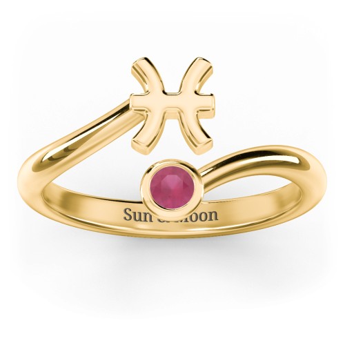 Zodiac Sign & Birthstone Bypass Ring – 18K Gold Plated Silver with Ruby