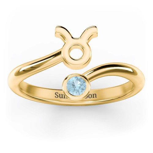Zodiac Sign & Birthstone Bypass Ring – 18K Gold Plated Silver with Blue Topaz