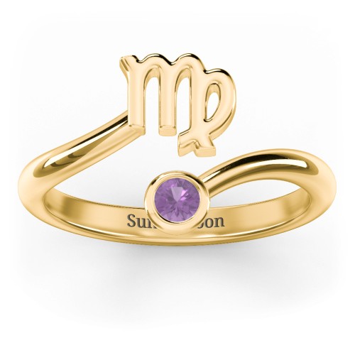 Zodiac Sign & Birthstone Bypass Ring – 18K Gold Plated Silver with Amethyst