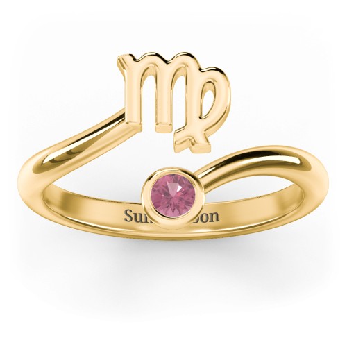 Zodiac Sign & Birthstone Bypass Ring – 18K Gold Plated Silver with Pink Tourmaline