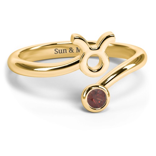 Zodiac Sign & Birthstone Bypass Ring – 18K Gold Plated Silver with Garnet
