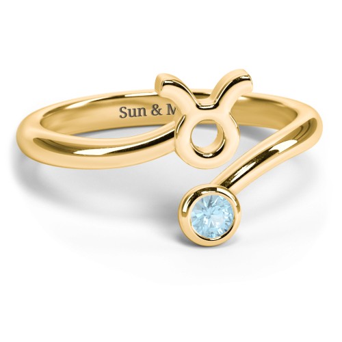 Zodiac Sign & Birthstone Bypass Ring – 18K Gold Plated Silver with Blue Topaz