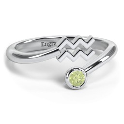 Zodiac Sign & Birthstone Bypass Ring in 925 Sterling Silver with Peridot