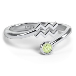 Zodiac Sign & Birthstone Bypass Ring in 925 Sterling Silver with Peridot