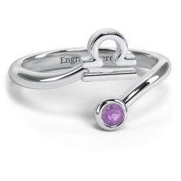 Zodiac Sign & Birthstone Bypass Ring in 925 Sterling Silver with Amethyst
