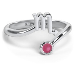 Zodiac Sign & Birthstone Bypass Ring in 925 Sterling Silver with Ruby