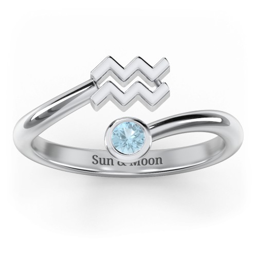 Zodiac Sign & Birthstone Bypass Ring – Sterling Silver with Blue Topaz