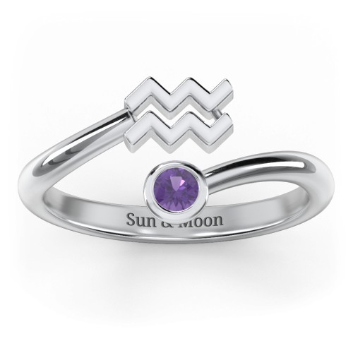 Zodiac Sign & Birthstone Bypass Ring – Sterling Silver with Amethyst
