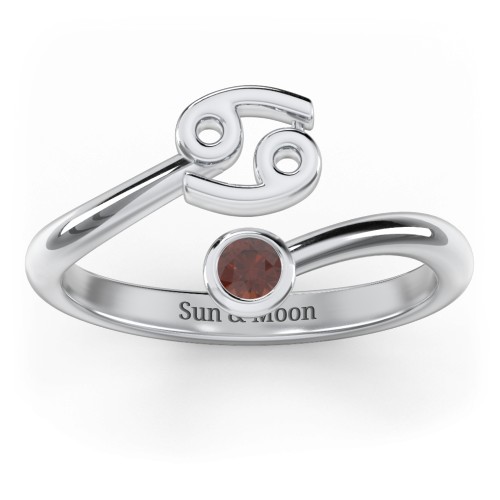 Zodiac Sign & Birthstone Bypass Ring – Sterling Silver with Garnet