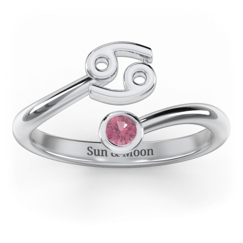 Zodiac Sign & Birthstone Bypass Ring – Sterling Silver with Pink Tourmaline