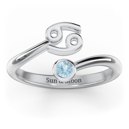 Zodiac Sign & Birthstone Bypass Ring – Sterling Silver with Blue Topaz